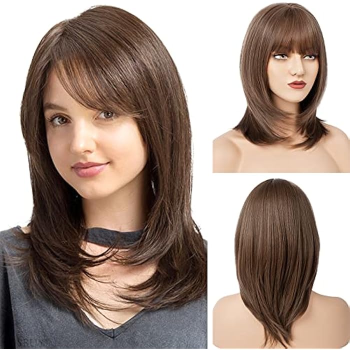 DILLARDS Lonai Brown Wigs With Bangs For Women, Shoulder Length Layered Synthetic Short Wig For Daily Use Party-Chocolate Brown - Image 3